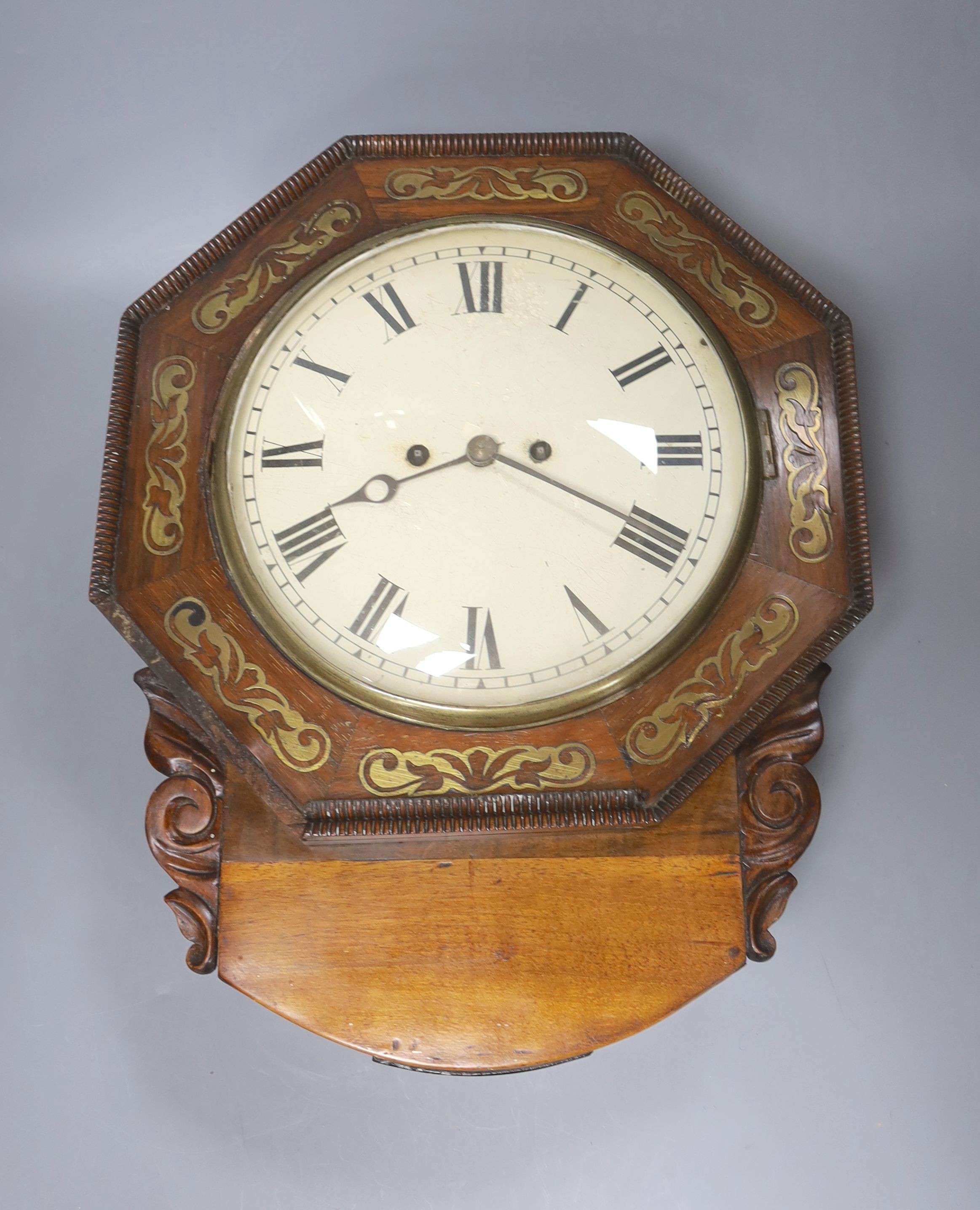 A 19th century rosewood and cut brass cased wall clock, with a 9